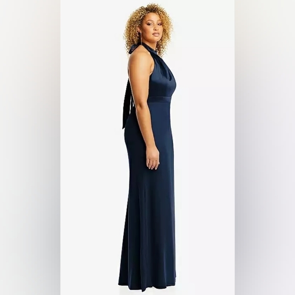 AFTER SIX-HIGH NECK OPEN  BACK MAXI DRESS WITH SCARF TIE IN MIDNIGHT NAVY - Picture 6 of 8